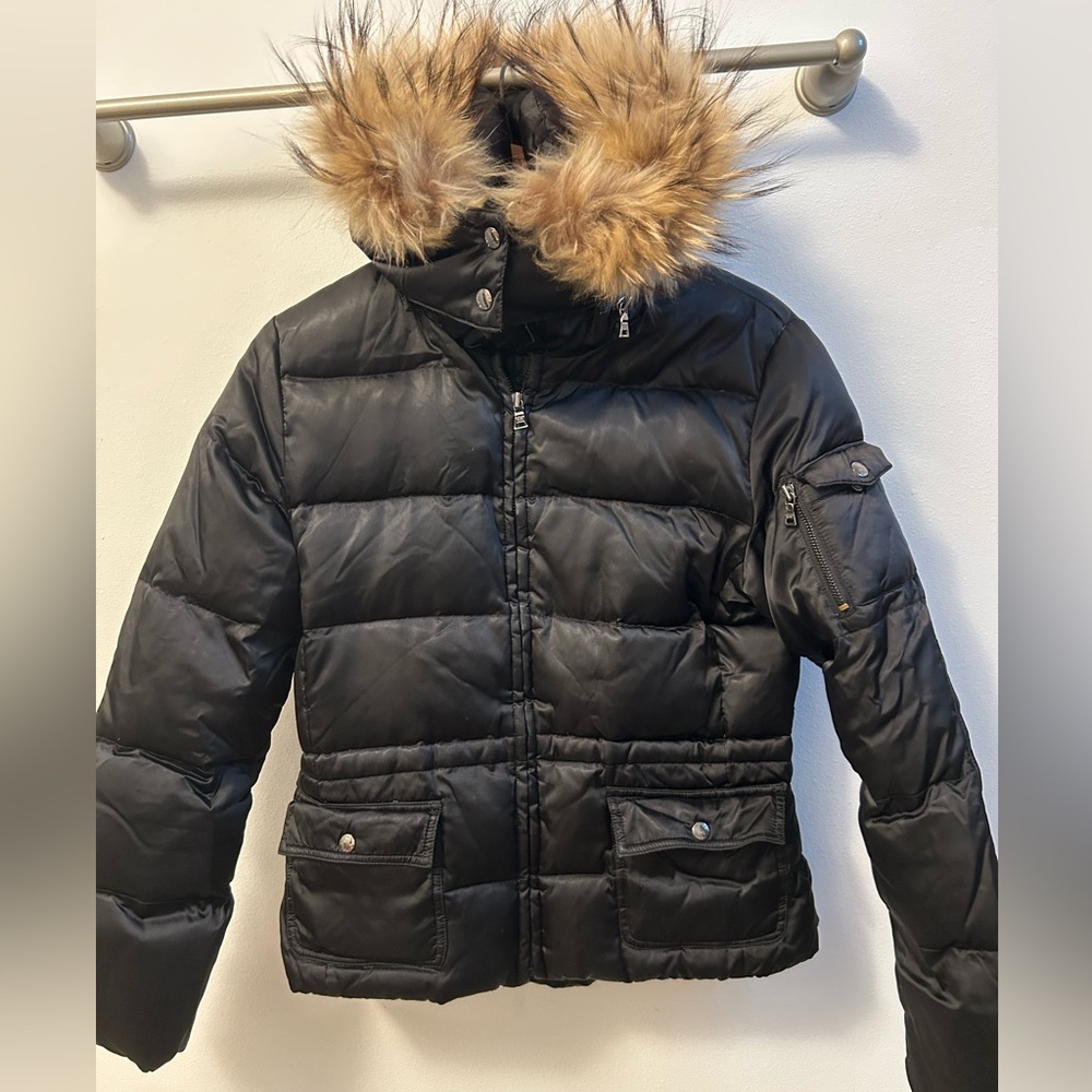 Andrew Marc Black Goose Down Puffer Jacket Real Raccoon Fur Trim Size S